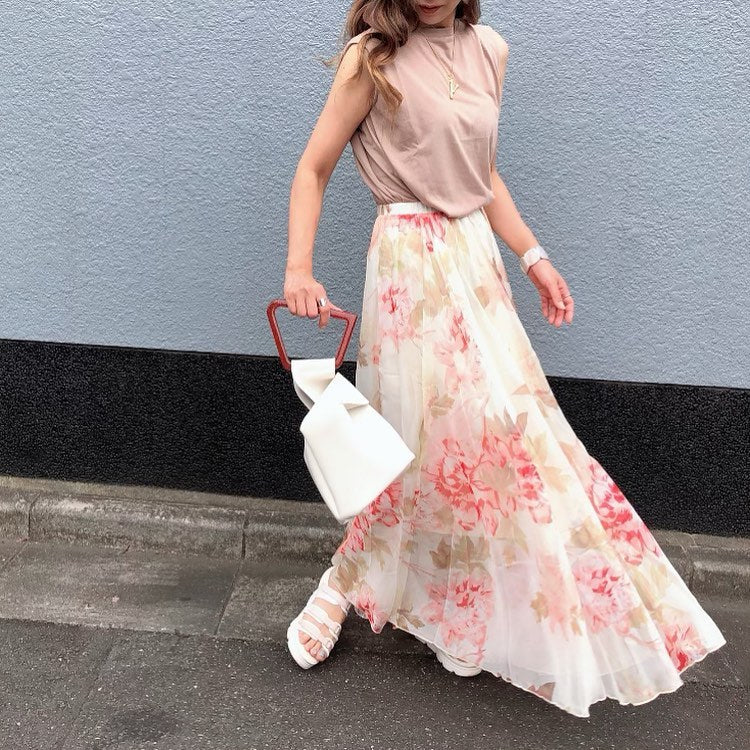 Ivory Pastel Floral Printed Chiffon Maxi Skirt