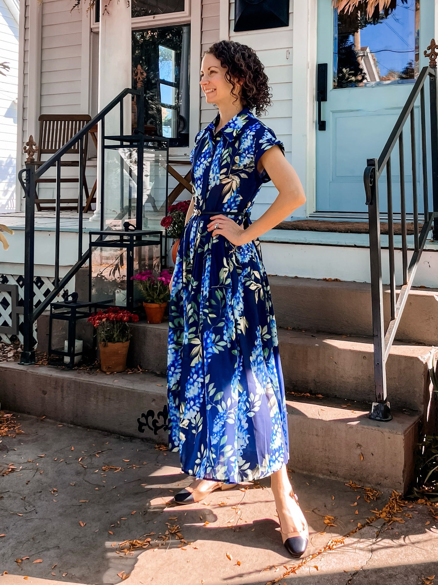 Midnight Bloom Navy Blue Floral Printed Midi Dress with Belt  Elegant A Line Silhouette, Button Down Front & Soft Flowing Fabric for Day to Evening Wear