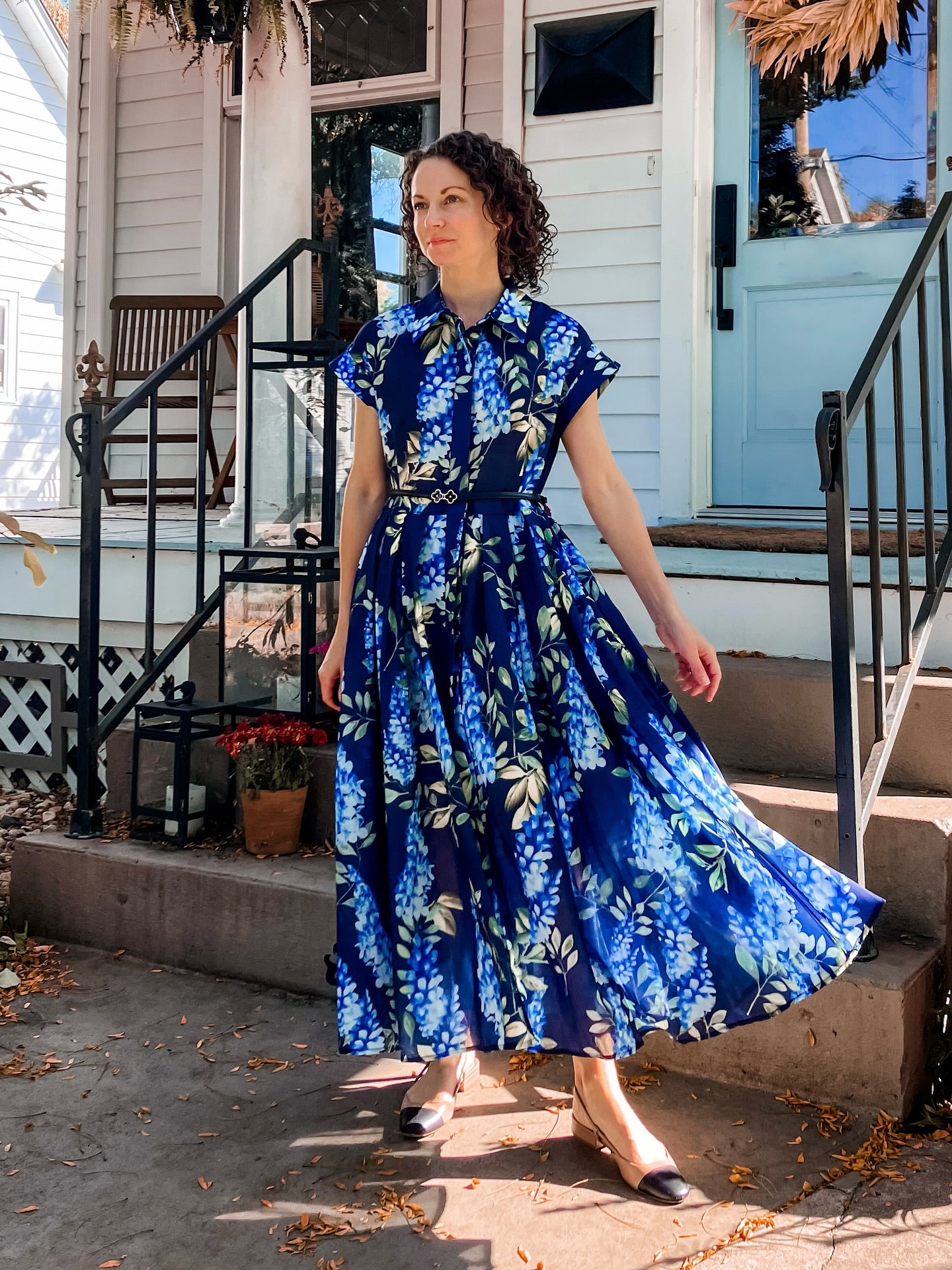 Midnight Bloom Navy Blue Floral Printed Midi Dress with Belt  Elegant A Line Silhouette, Button Down Front & Soft Flowing Fabric for Day to Evening Wear