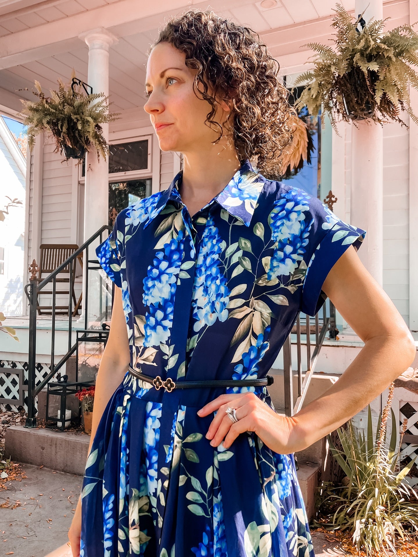 Midnight Bloom Navy Blue Floral Printed Midi Dress with Belt  Elegant A Line Silhouette, Button Down Front & Soft Flowing Fabric for Day to Evening Wear