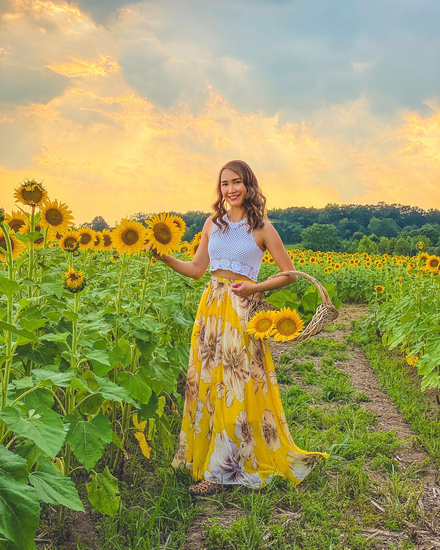 Yellow Floral Printed Chiffon Maxi Skirt