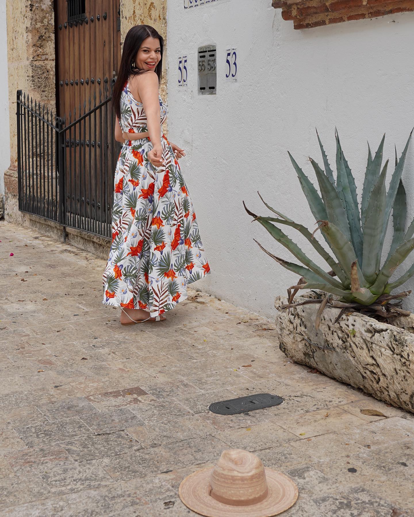 Ivory Tropical Leaf & Floral Printed Poly Chiffon Maxi Dress with Halter Neckline and Flowing