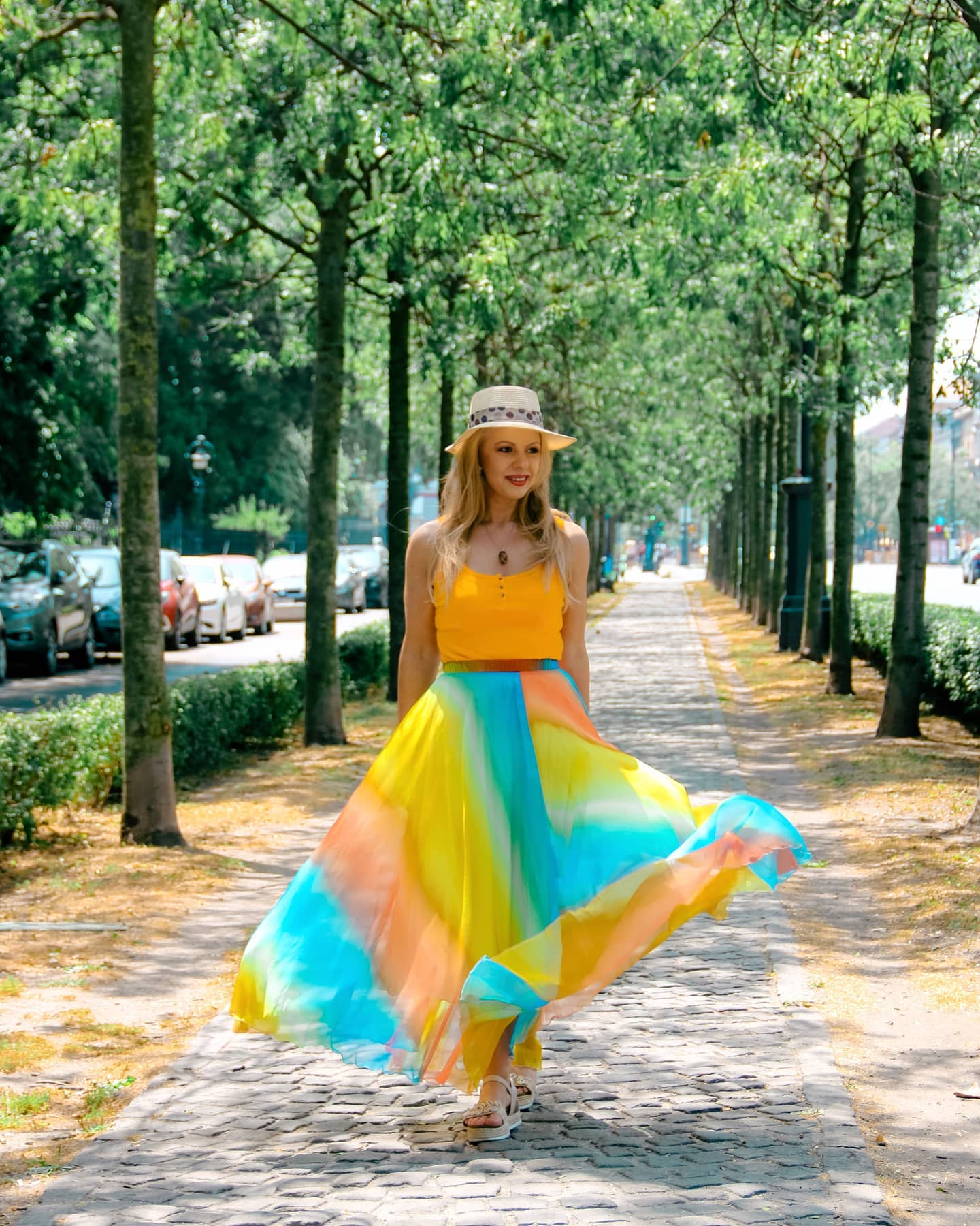 Elegant Women’s Rainbow Ombre Flowing Georgette Maxi Skirt Featuring a Flared Airy Silhouette and Soft Draped Fabric for Timeless Style