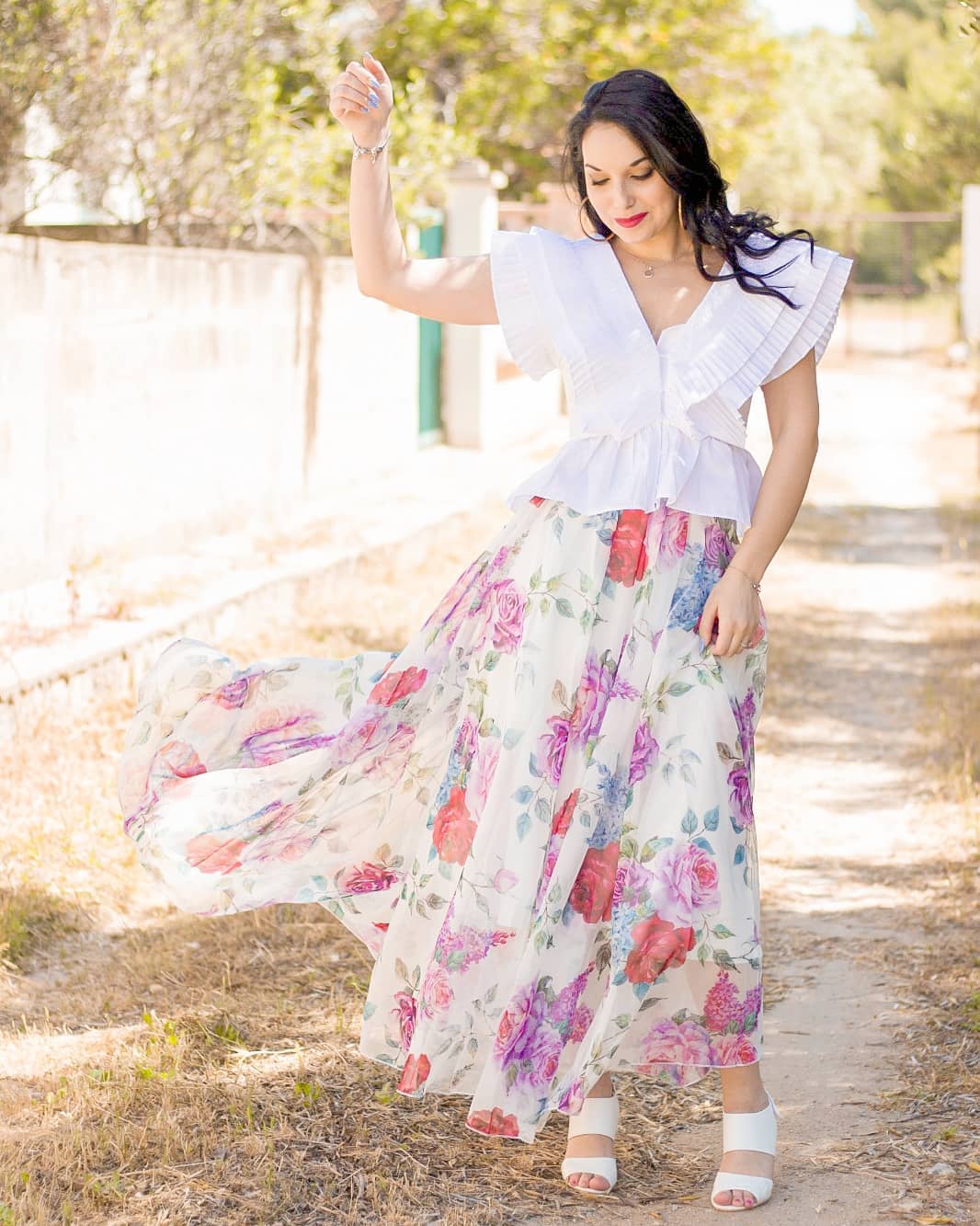 White rose and hydrangea floral chiffon maxi skirt elastic waist