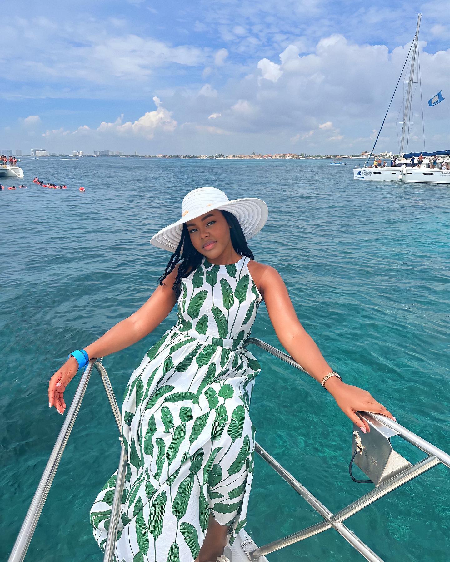 Ivory Green Tropical Leaf Printed Halter Neck Maxi Dress in Premium Lightweight Fabric