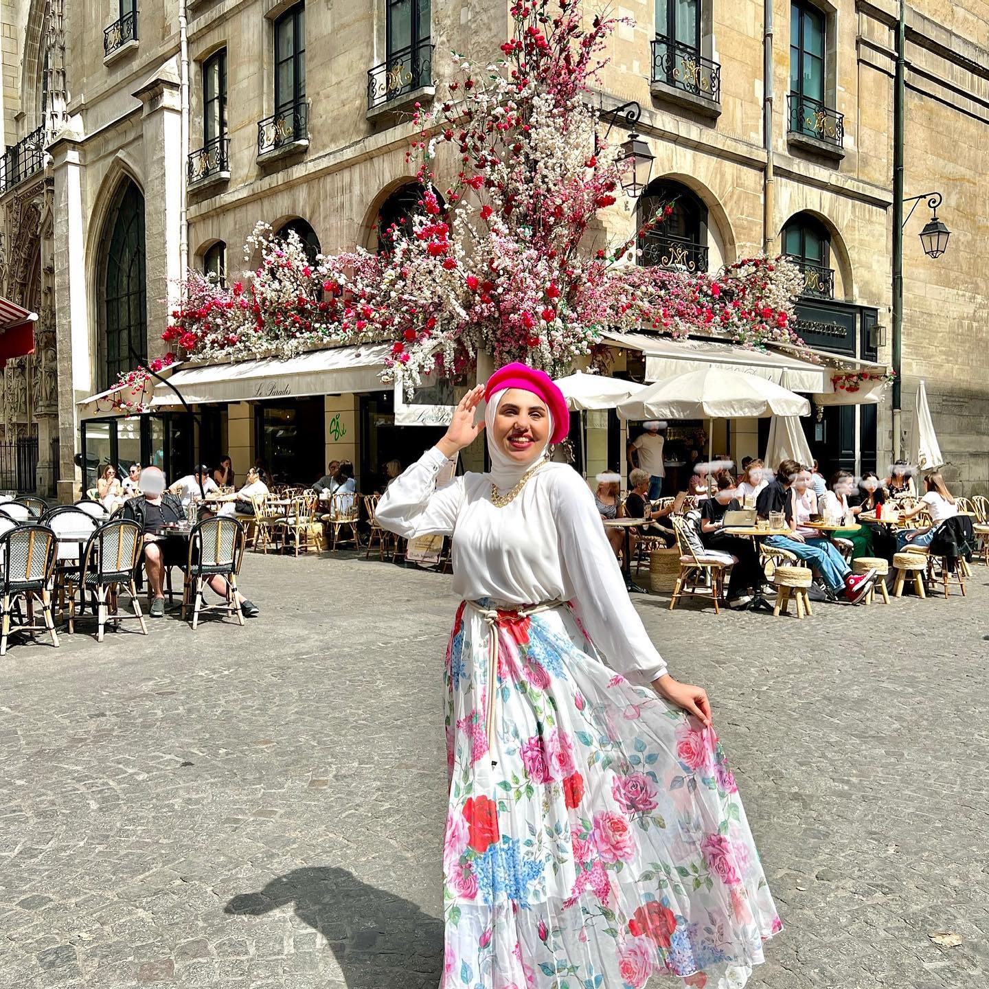 White rose and hydrangea floral chiffon maxi skirt elastic waist
