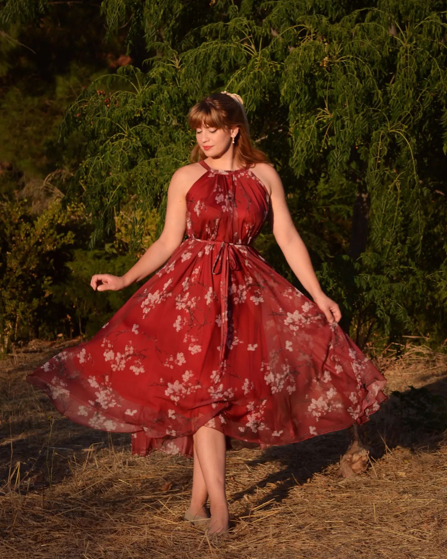 Elegant Wine Floral Printed Poly Chiffon Maxi Dress with Halter Neckline & Flowing Silhouette for Summer Brunch  Resort