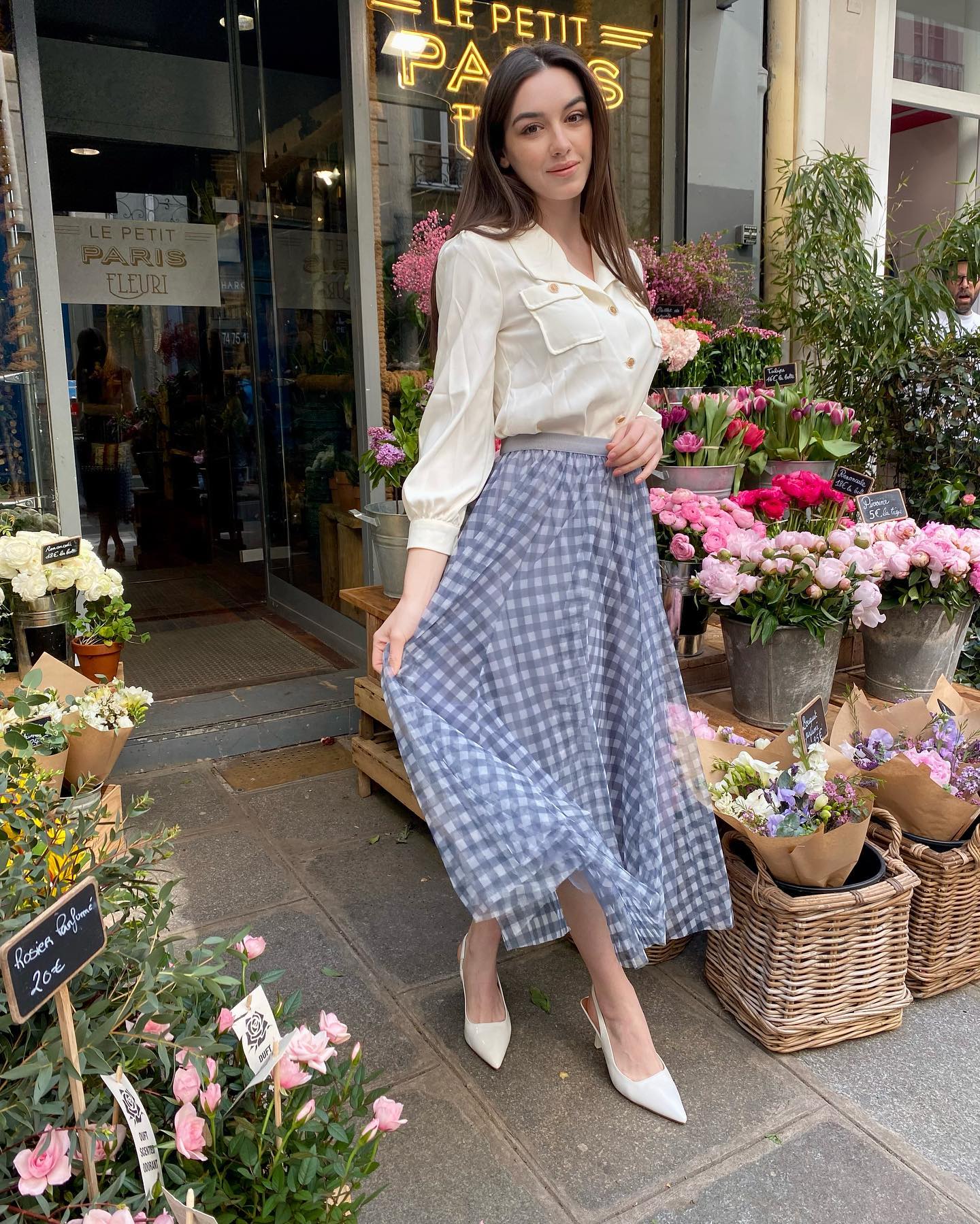 Women’s Elegant Gingham Check Mesh Overlay Midi Skirt High Waist Flared A LIne Skirt