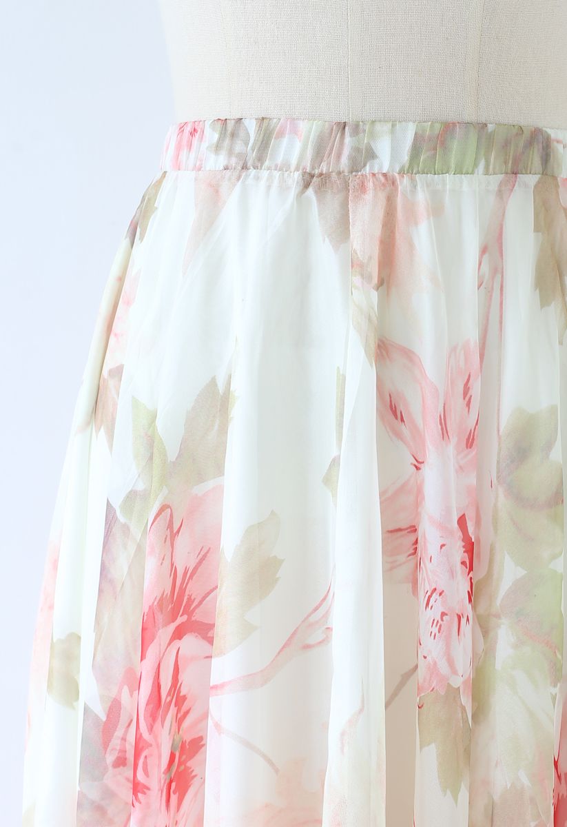 Ivory Pastel Floral Printed Chiffon Maxi Skirt