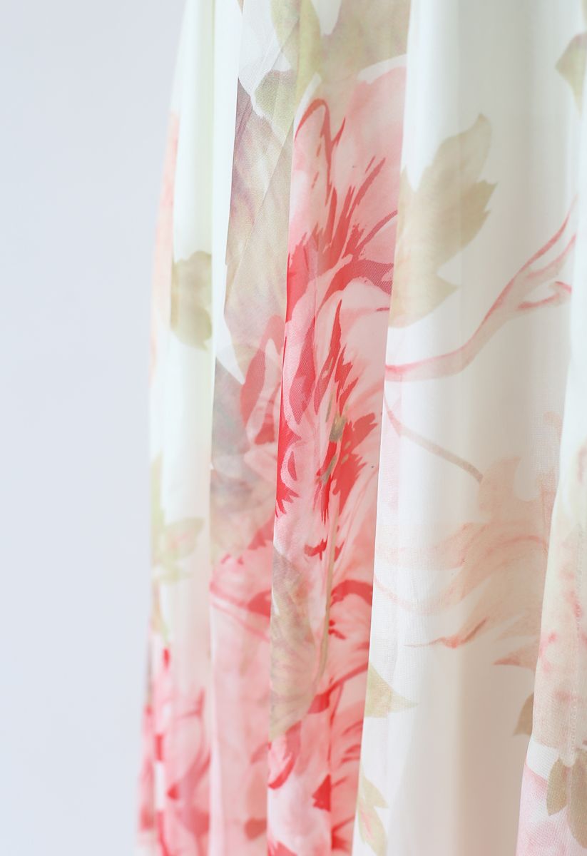 Ivory Pastel Floral Printed Chiffon Maxi Skirt