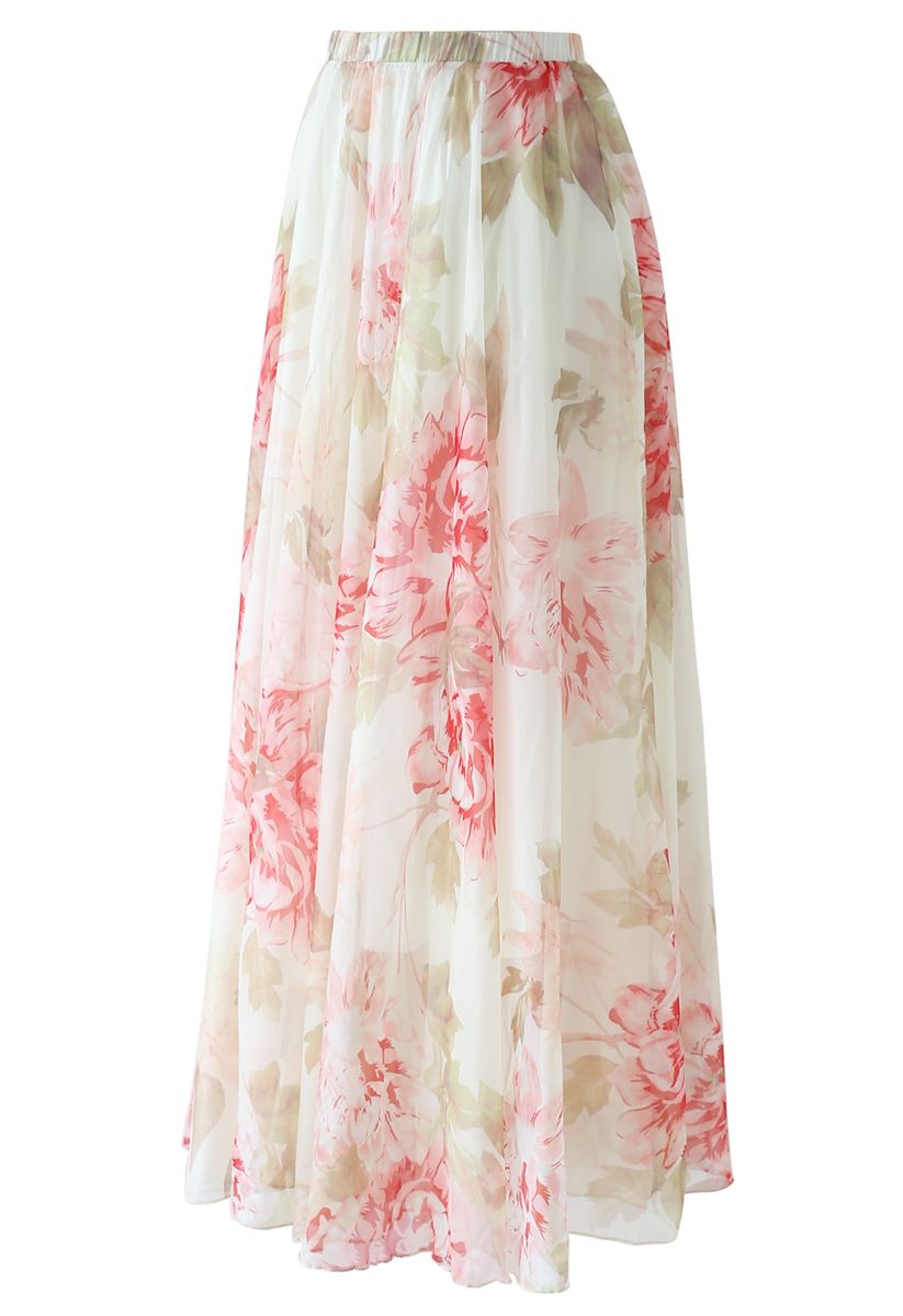 Ivory Pastel Floral Printed Chiffon Maxi Skirt