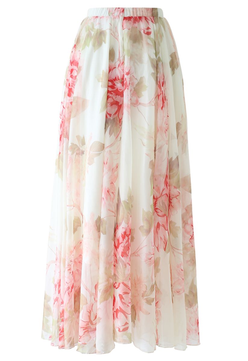 Ivory Pastel Floral Printed Chiffon Maxi Skirt