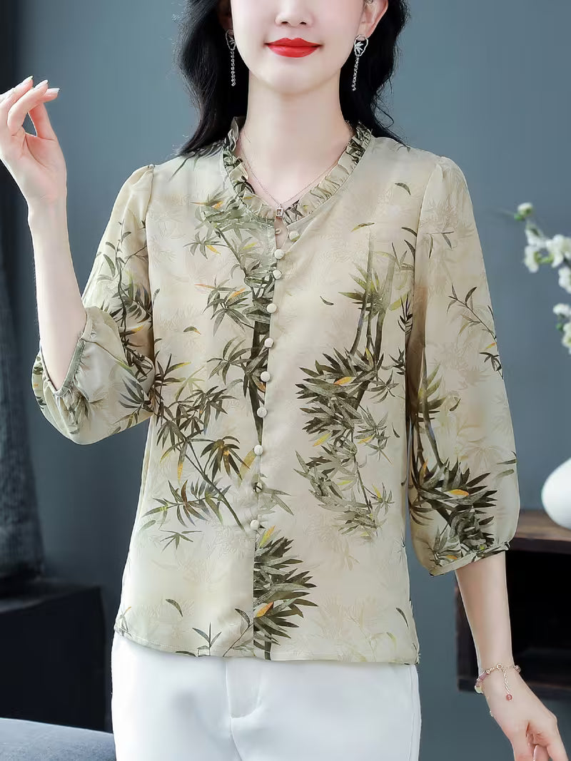 Elegant Bamboo Print Chiffon  with Ruffled V-Neck and 3/4 Sleeves TOP