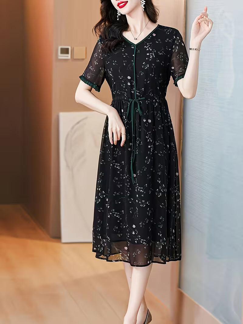 Elegant Black Abstract Floral Print Midi Dress