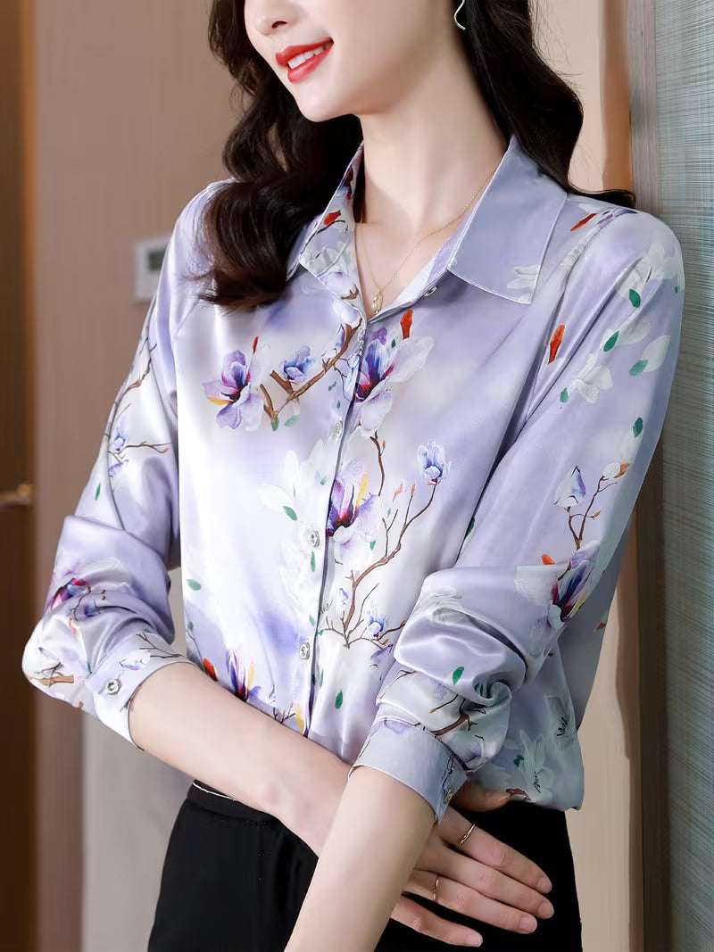 Lavender Magnolia Watercolor Print Silk-Satin Shirt