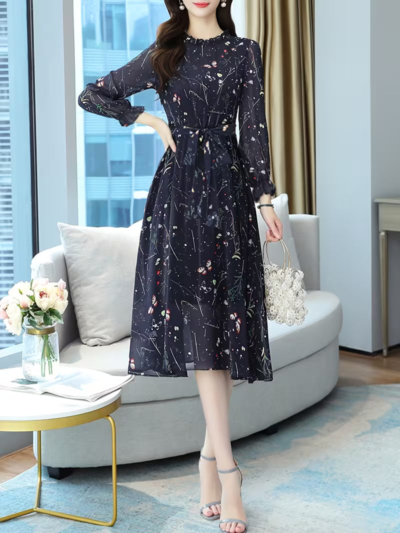 Midnight Bloom Tie-Waist Midi Dress