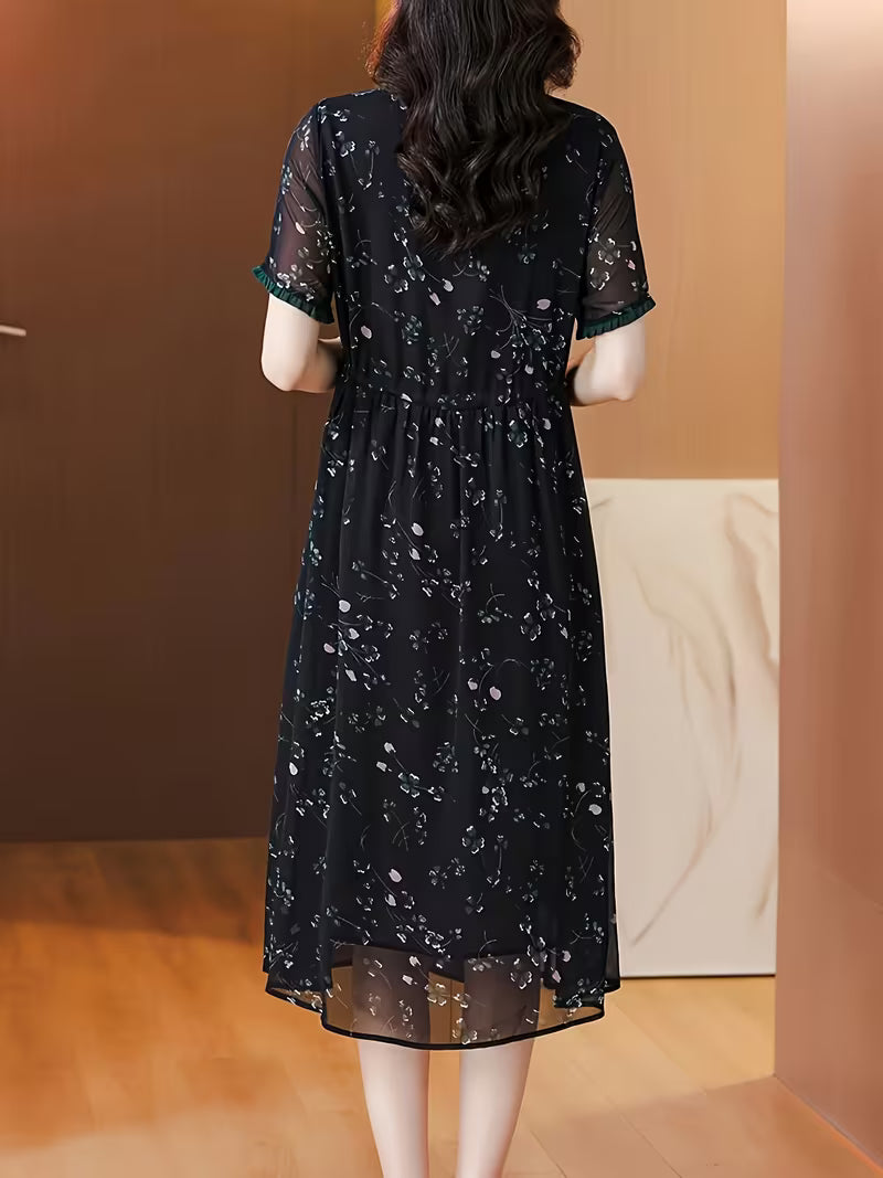 Elegant Black Abstract Floral Print Midi Dress