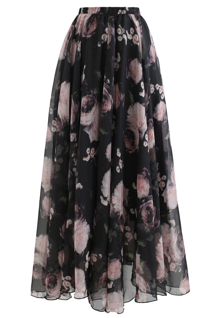 Vintage Rose Print Chiffon Maxi Skirt in Black