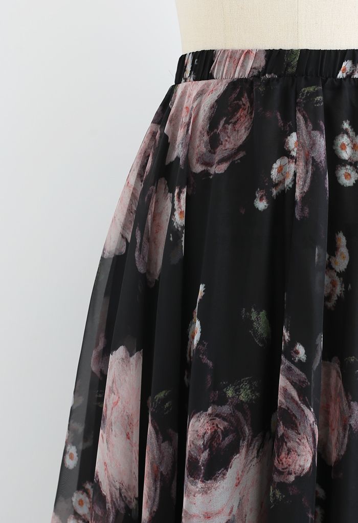 Vintage Rose Print Chiffon Maxi Skirt in Black