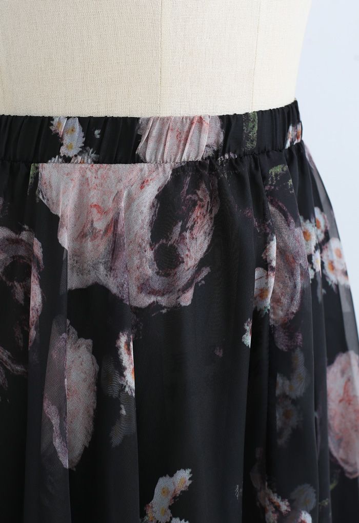 Vintage Rose Print Chiffon Maxi Skirt in Black