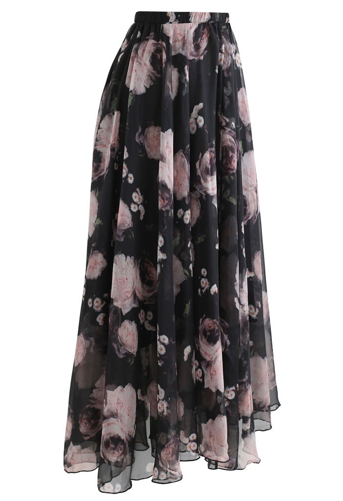 Vintage Rose Print Chiffon Maxi Skirt in Black