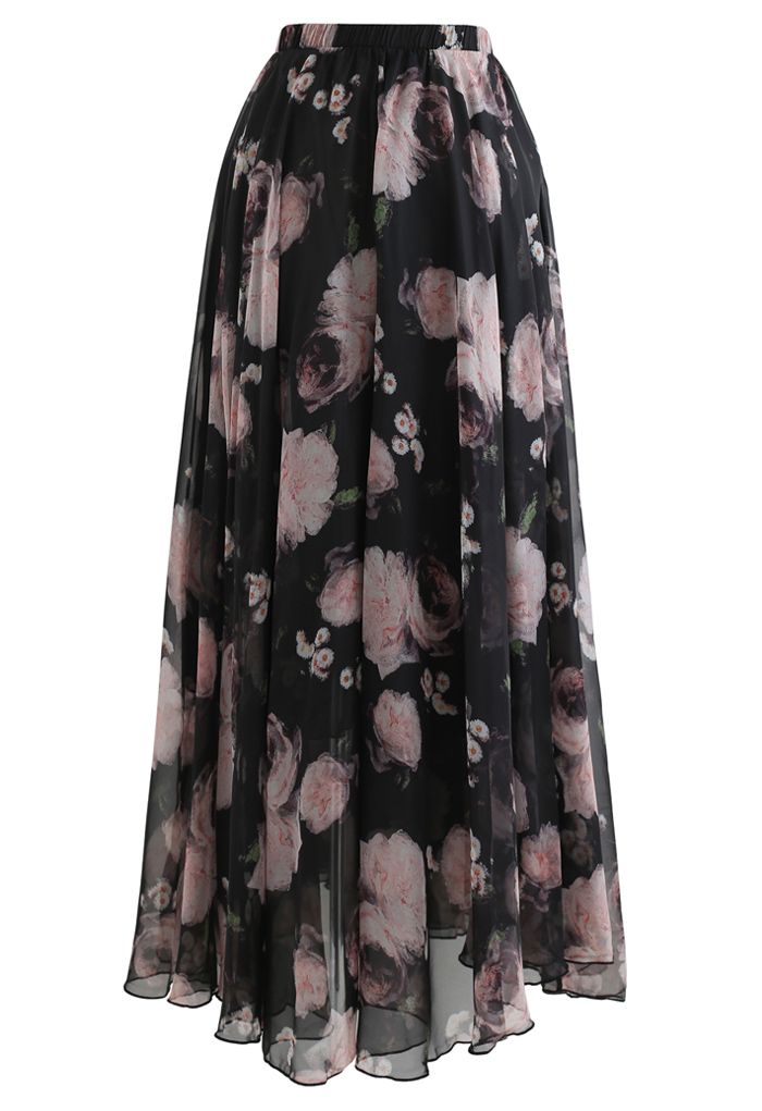 Vintage Rose Print Chiffon Maxi Skirt in Black