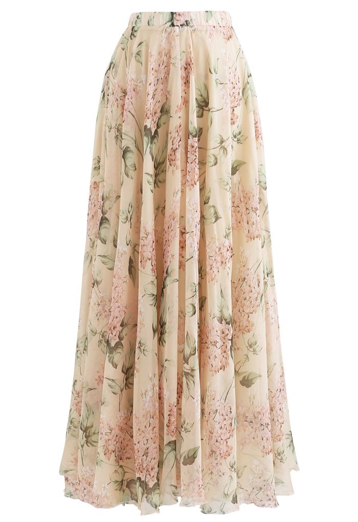 Bohemian High Waisted Flowy Chiffon Skirt  Vintage Lilac Print