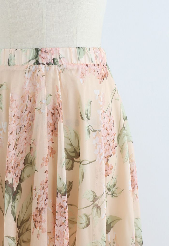 Bohemian High Waisted Flowy Chiffon Skirt  Vintage Lilac Print