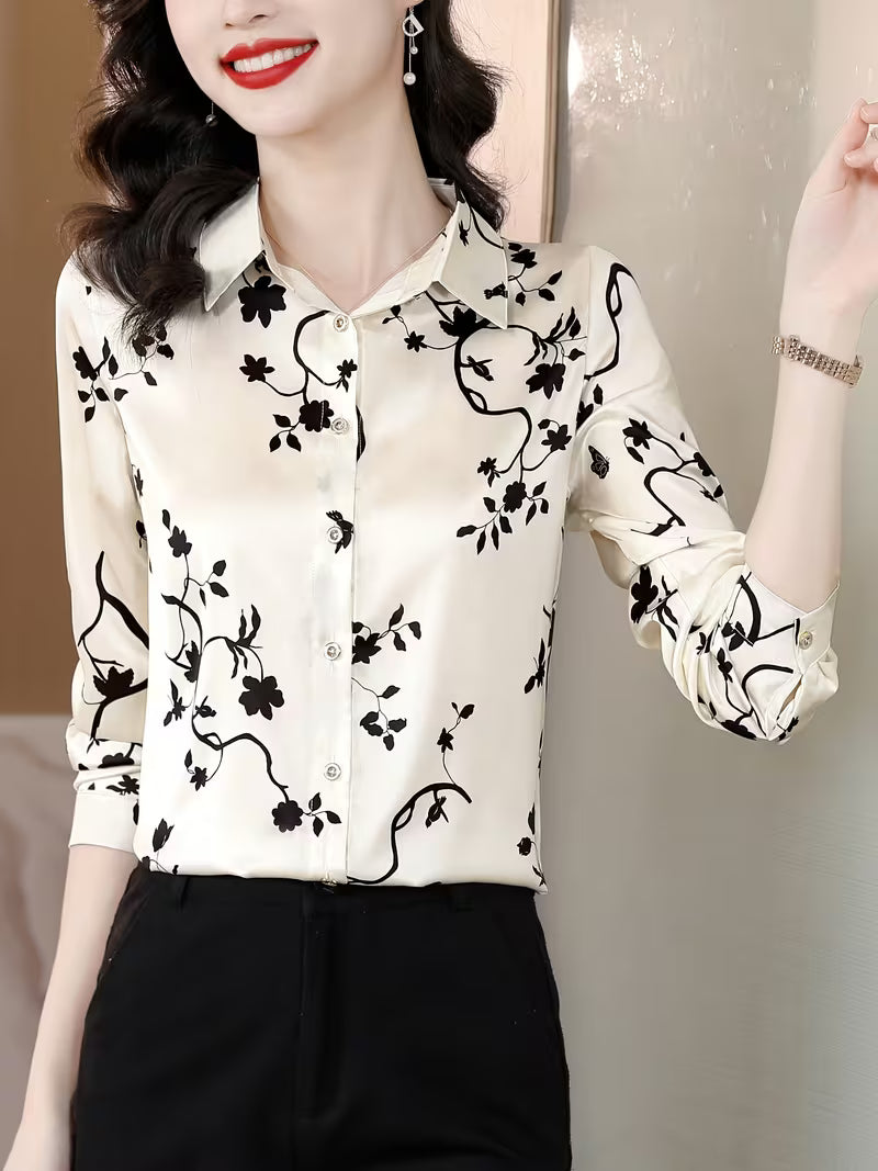 The Monochrome Botanical Satin Shirt in Champagne & Black