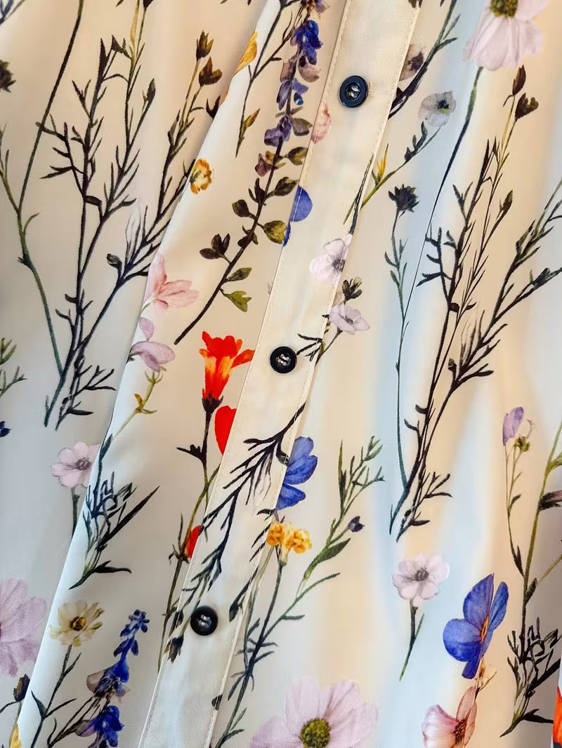 Ivory Meadow Bloom Women’s Maxi Skirt Flowing Lightweight Fabric with Romantic Floral