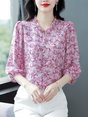 Elegant Bamboo Print Chiffon  with Ruffled V-Neck and 3/4 Sleeves TOP (Copy) (Copy)