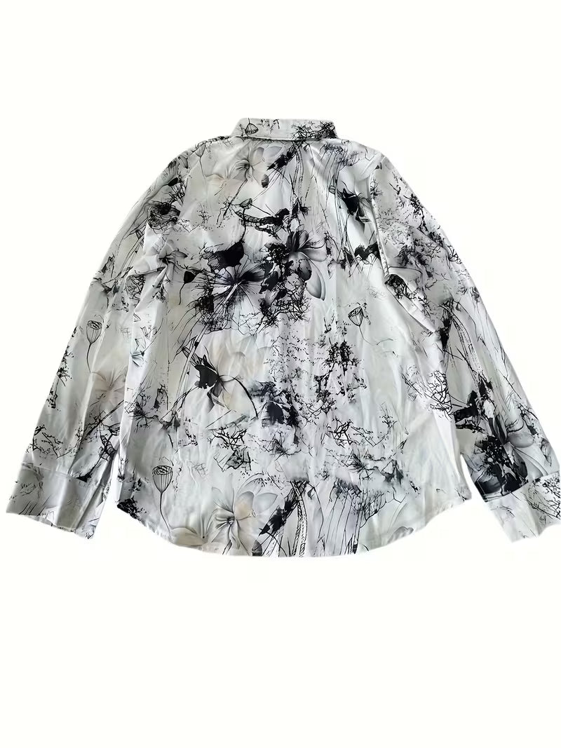 Abstract Floral Digital Print Color Black & Grey Shirt