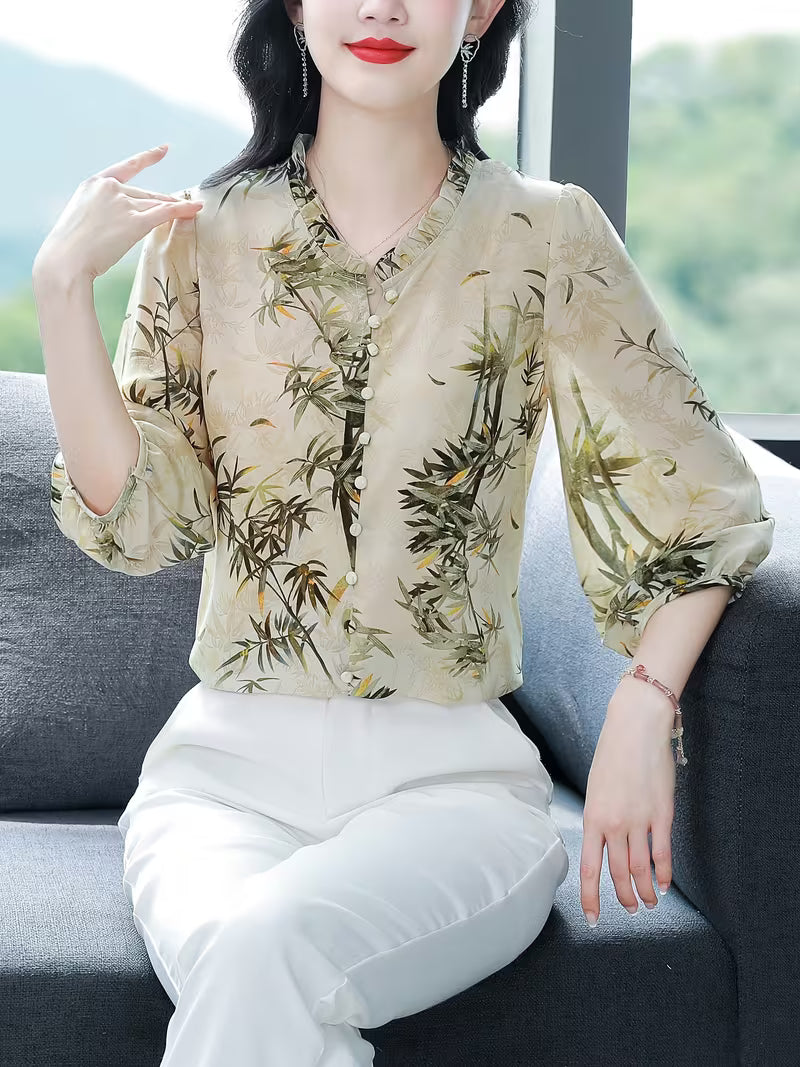 Elegant Bamboo Print Chiffon  with Ruffled V-Neck and 3/4 Sleeves TOP