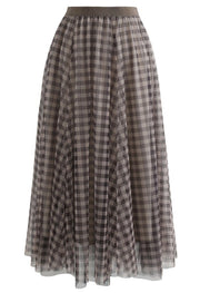 Sheer Gingham Midi Skirt with Elastic Waistband
