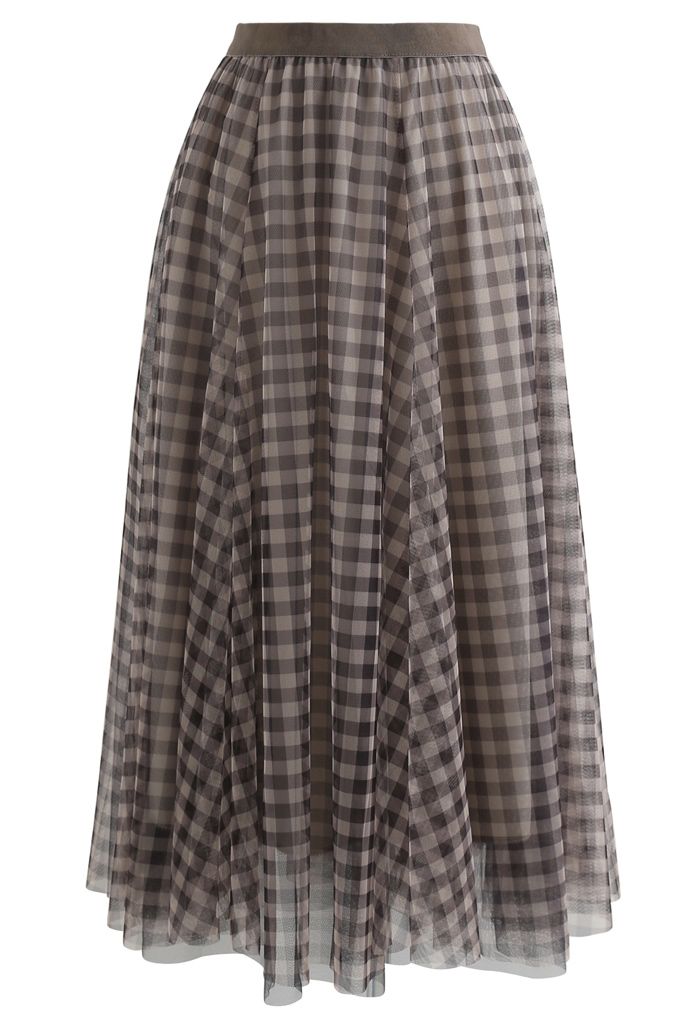 Sheer Gingham Midi Skirt with Elastic Waistband