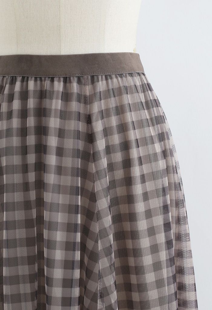 Sheer Gingham Midi Skirt with Elastic Waistband