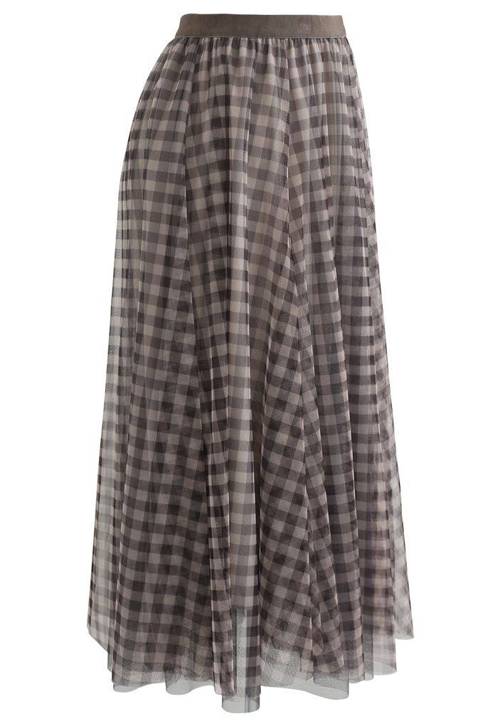 Sheer Gingham Midi Skirt with Elastic Waistband