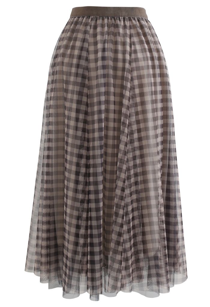 Sheer Gingham Midi Skirt with Elastic Waistband