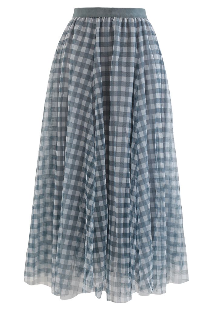 Women’s Elegant Gingham Check Mesh Overlay Midi Skirt High Waist Flared A LIne Skirt