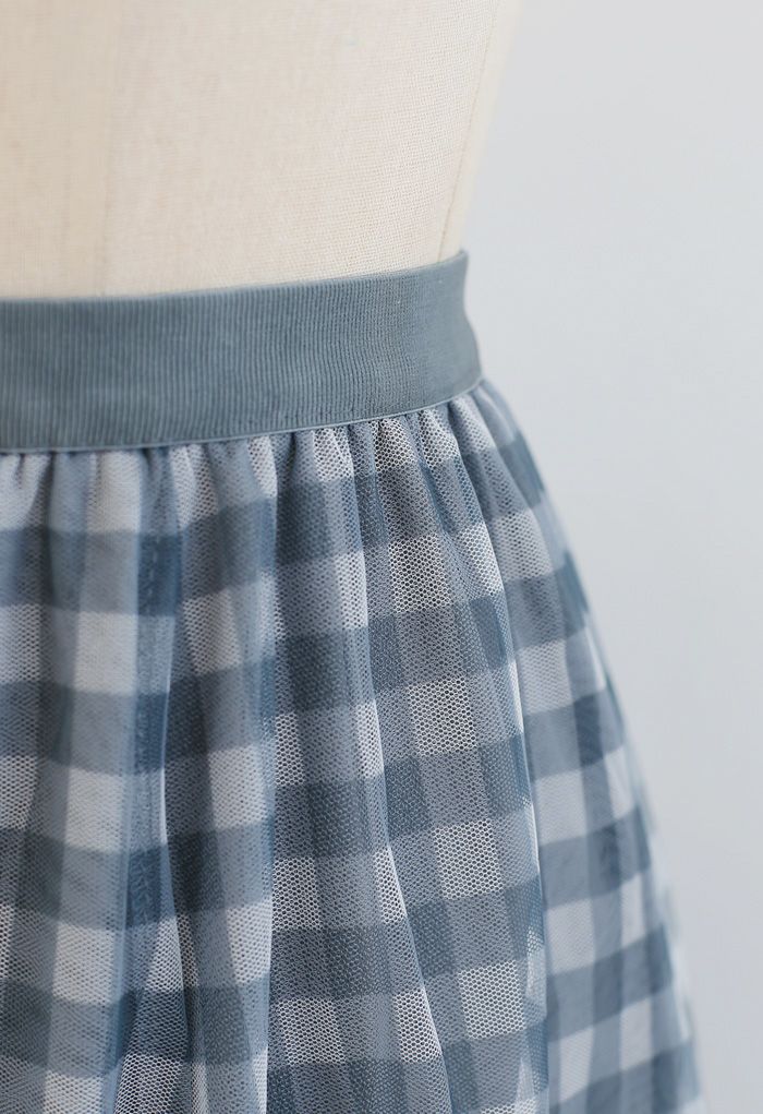 Women’s Elegant Gingham Check Mesh Overlay Midi Skirt High Waist Flared A LIne Skirt