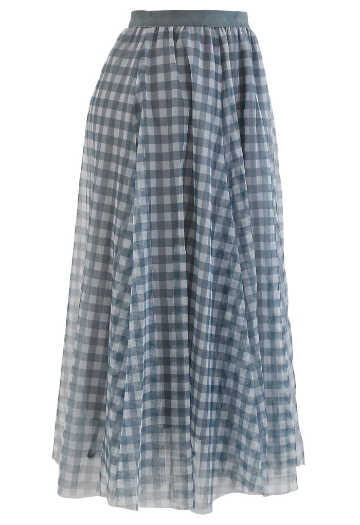 Women’s Elegant Gingham Check Mesh Overlay Midi Skirt High Waist Flared A LIne Skirt