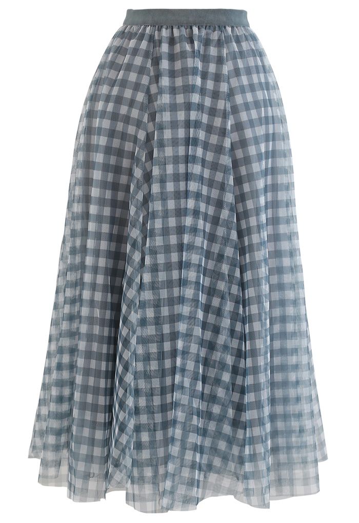Women’s Elegant Gingham Check Mesh Overlay Midi Skirt High Waist Flared A LIne Skirt
