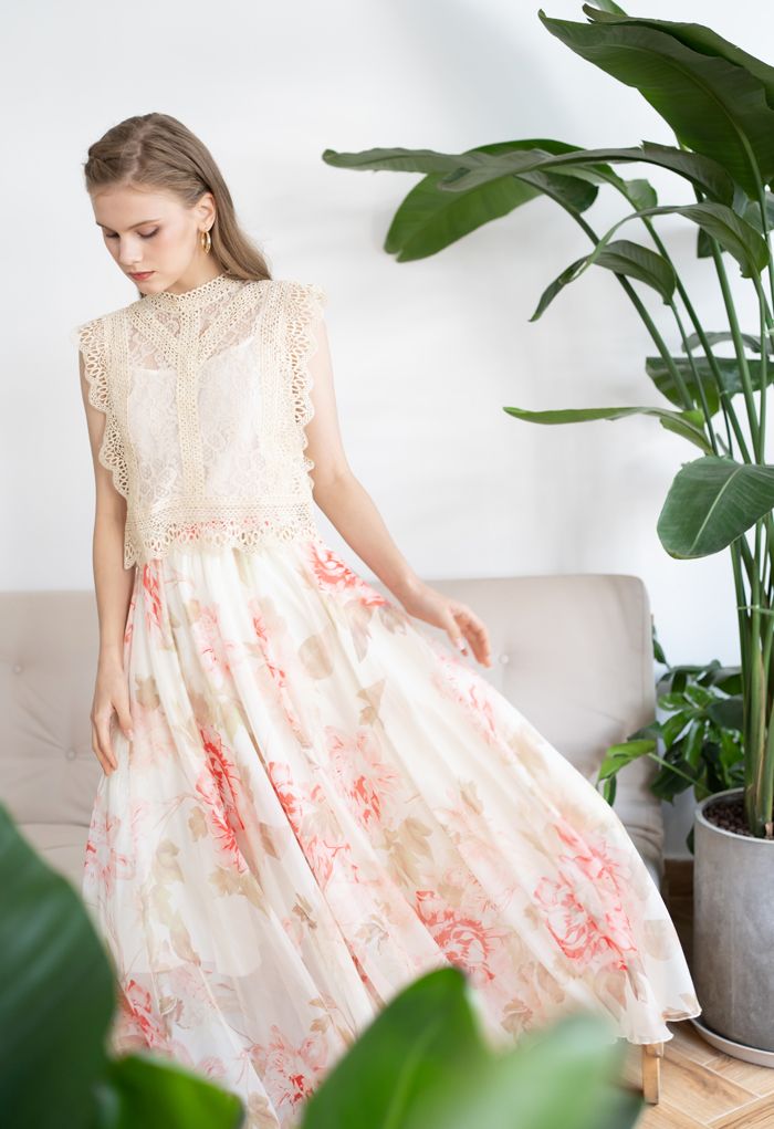 Ivory Pastel Floral Printed Chiffon Maxi Skirt