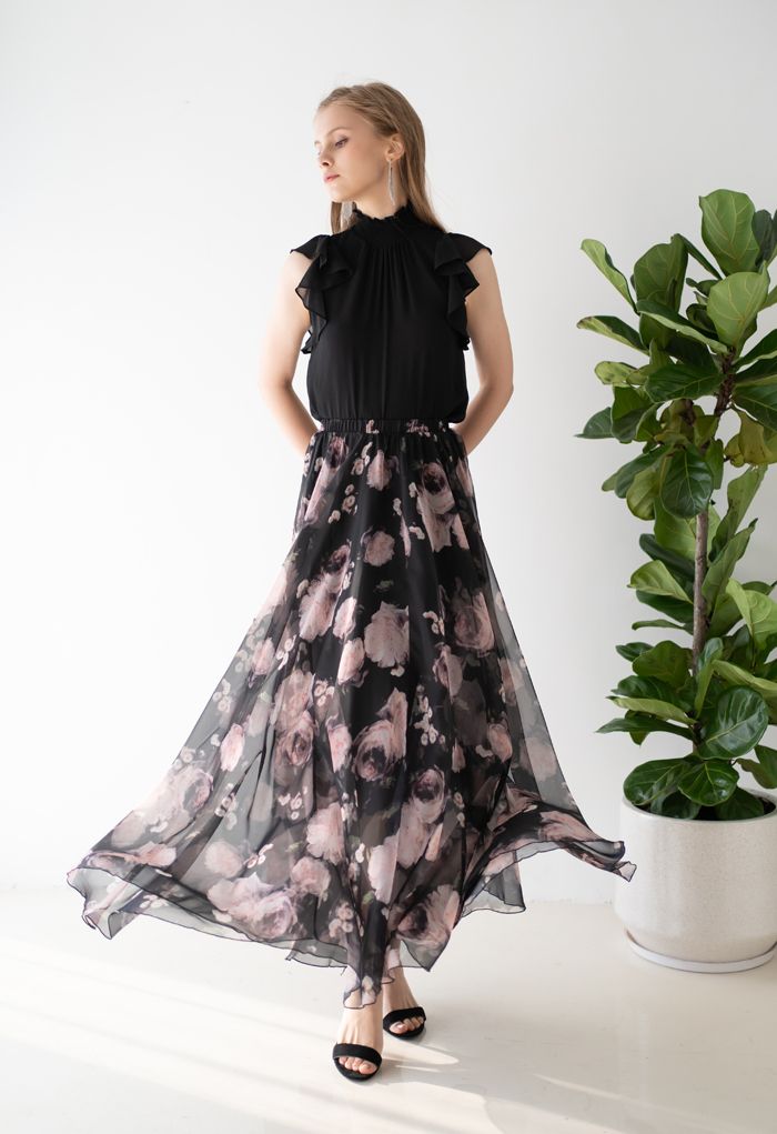 Vintage Rose Print Chiffon Maxi Skirt in Black