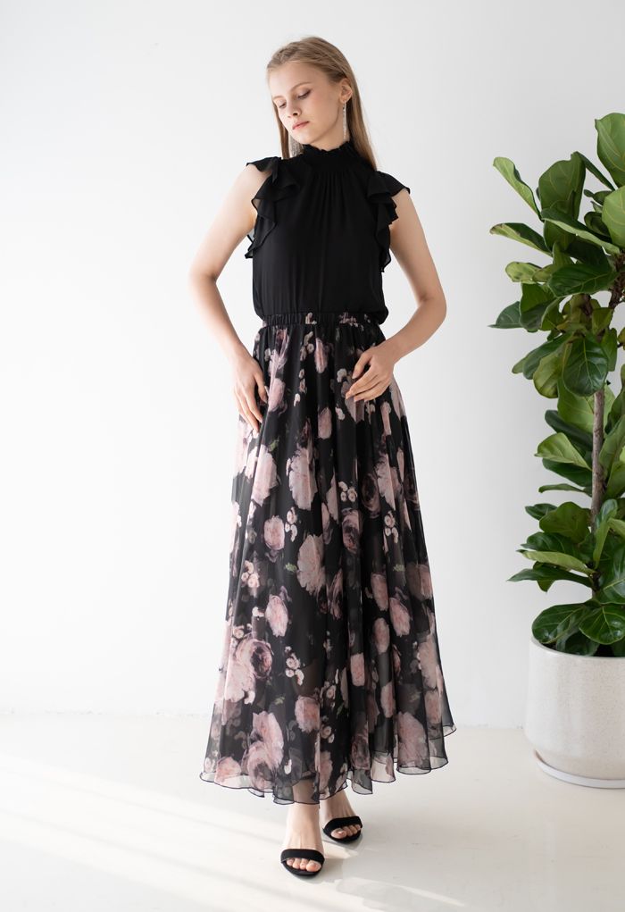 Vintage Rose Print Chiffon Maxi Skirt in Black