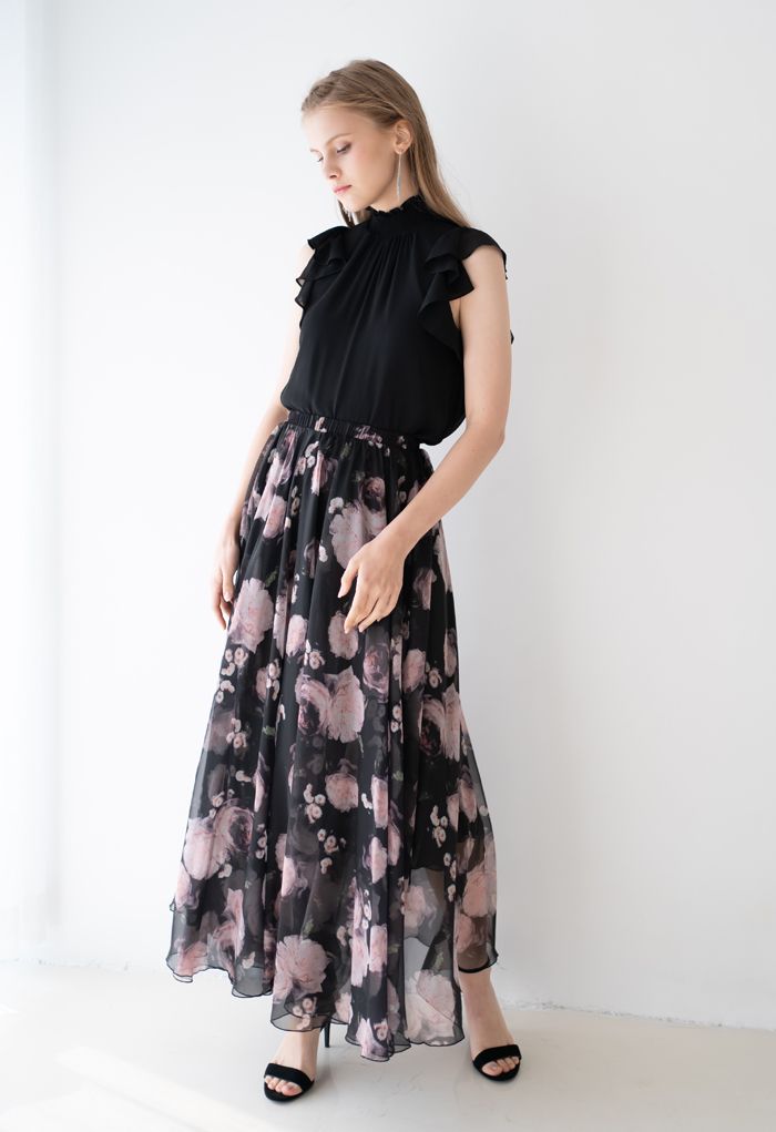 Vintage Rose Print Chiffon Maxi Skirt in Black