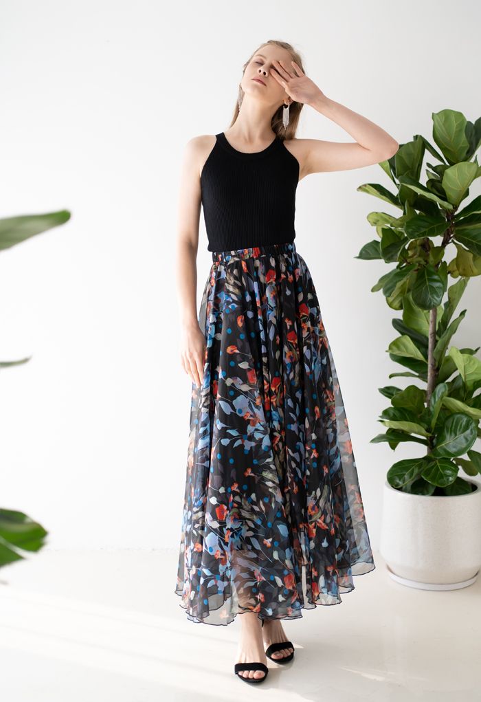 Black Floral Polka Print Chiffon Party Wear Maxi Skirt