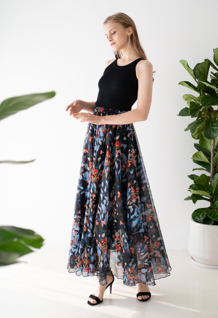 Black Floral Polka Print Chiffon Party Wear Maxi Skirt