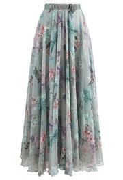Midnight Floral Chiffon Maxi Skirt with Elastic Waist
