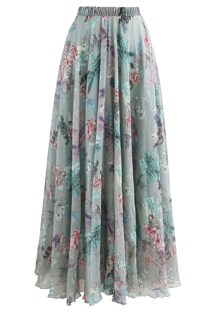Women Sage Mist Floral Printed Maxi Skirt with Soft Pastel Shades Lightweight Flow and Comfortable Flared Silhouette